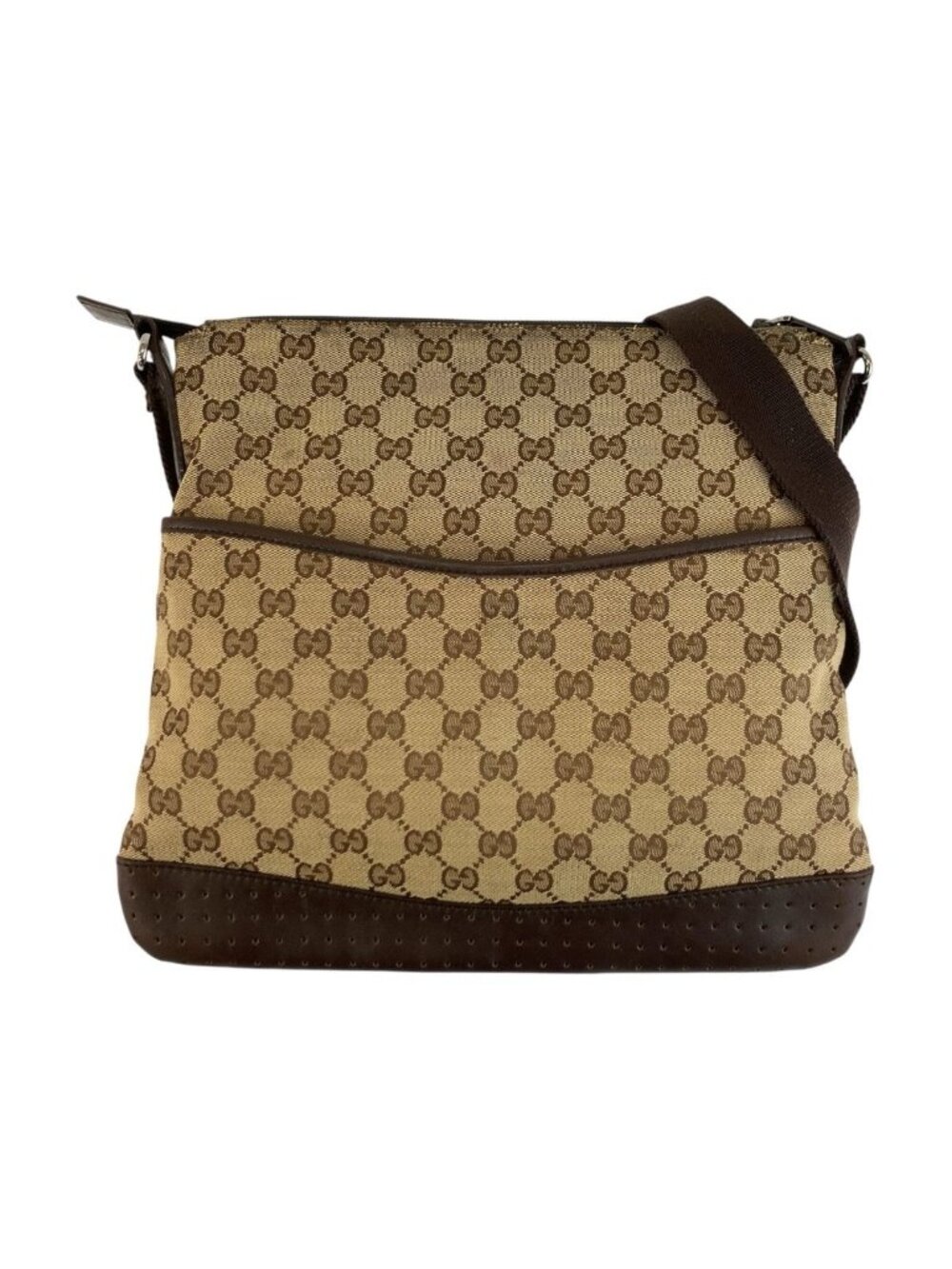 Gucci Beige Brown Silver GG Canvas Leather Shoulder Bag Pochette